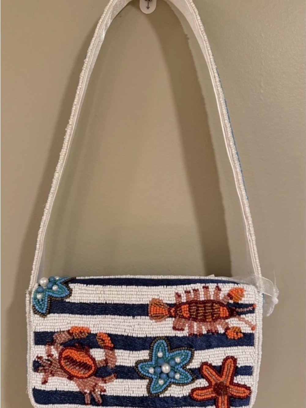 Newly released VIRAL Beaded Sea Life Shoulder Bag - White & Navy